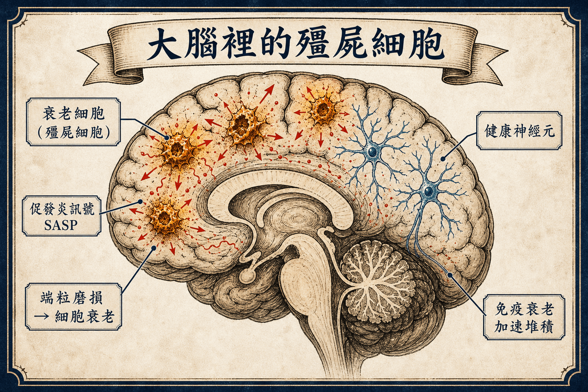 腦中的殭屍細胞：失智症與巴金森病背後的老化真相 | 前言：大腦裡的殭屍細胞,衰老細胞（殭屍細胞）,促發炎訊號 SASP,健康神經元