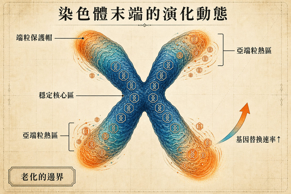 T2T 端粒到端粒組裝：12 株真菌基因組首次完整破解 | 前言：染色體末端的演化動態,端粒保護帽,穩定核心區,亞端粒熱區