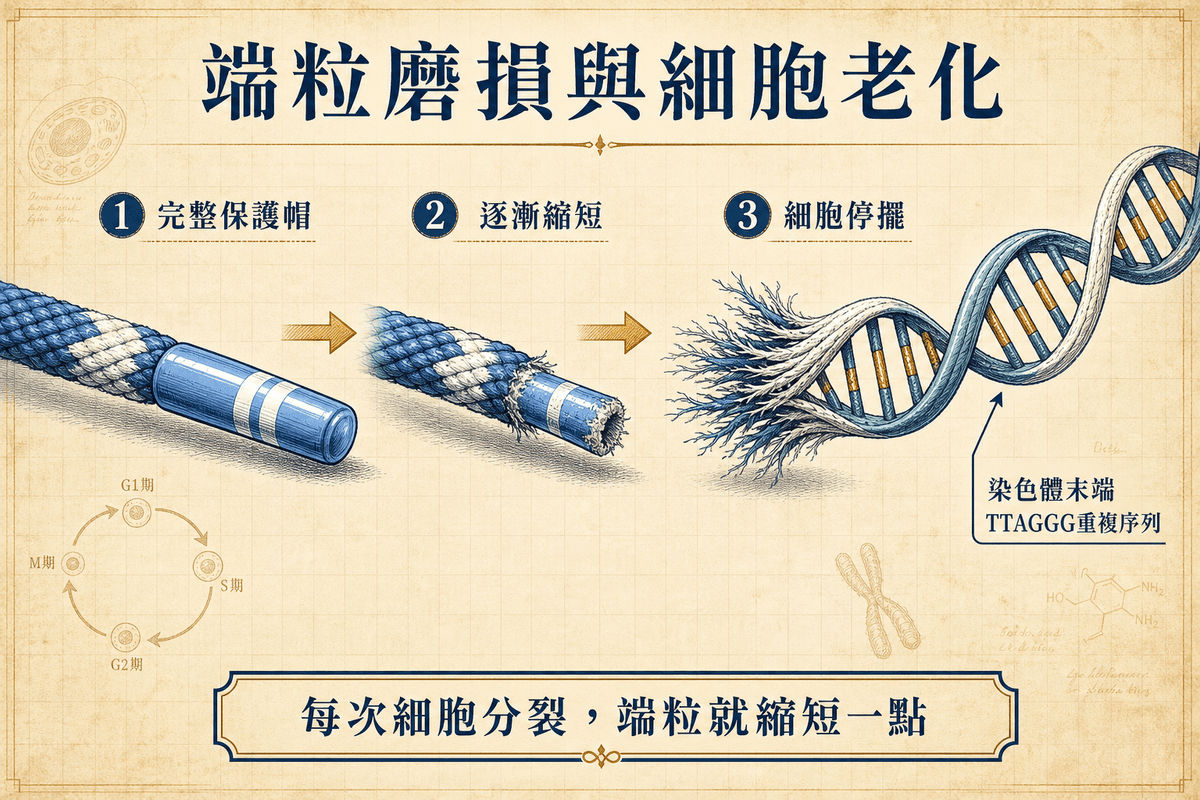五十歲後老化能逆轉？三大諾貝爾獎揭開長壽科學的真相 | 前言：端粒磨損與細胞老化,完整保護帽,逐漸縮短,細胞停擺