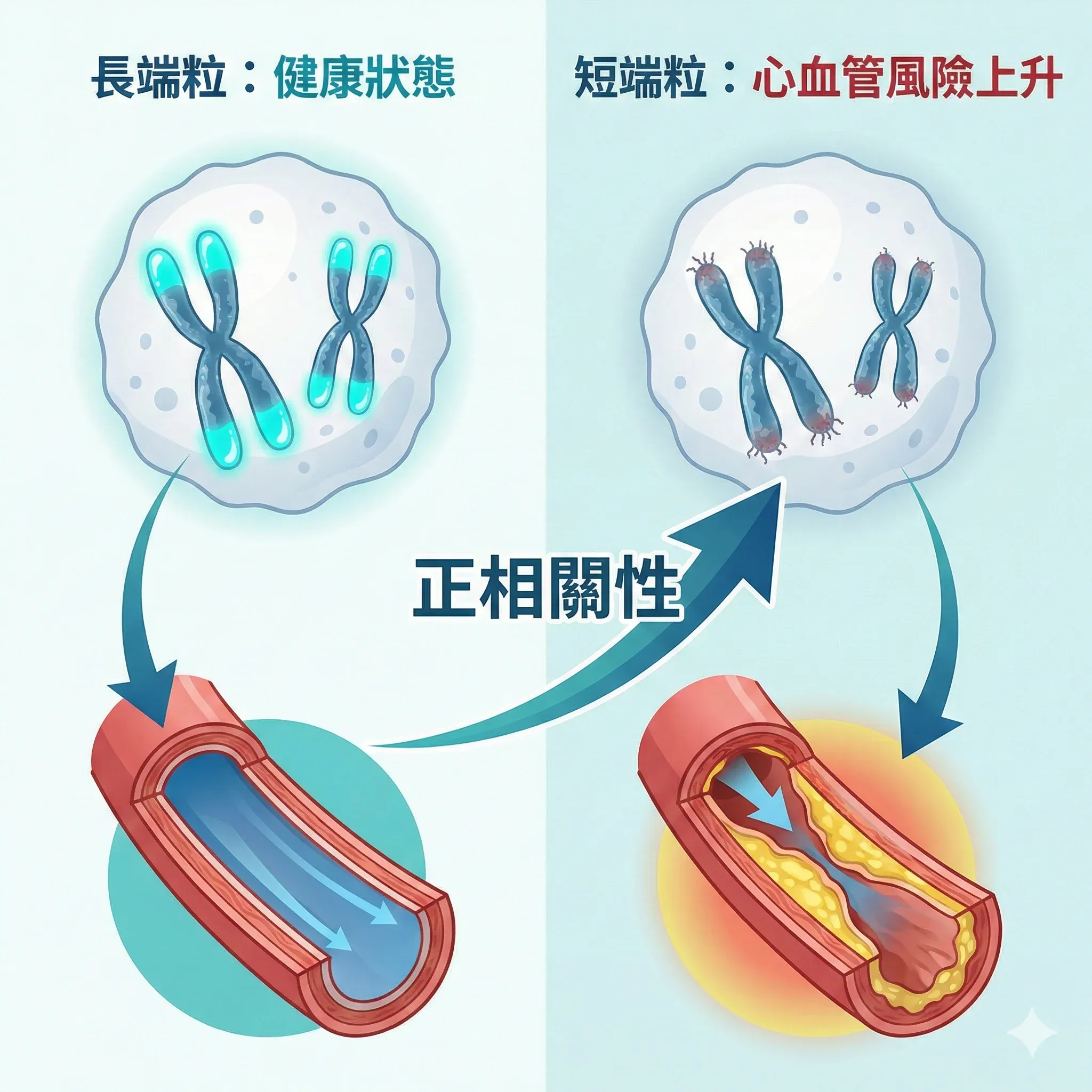 端粒長度與心血管風險正相關示意圖：長端粒對應健康血管，短端粒對應動脈粥狀硬化斑塊堆積，說明端粒縮短與心血管風險上升的因果關係
