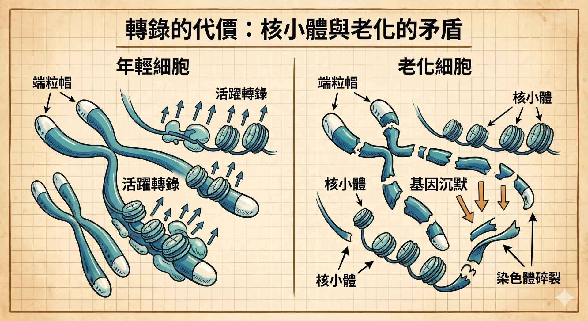 核小體密度揭秘：染色體碎裂如何透過端粒修復驅動細胞老化