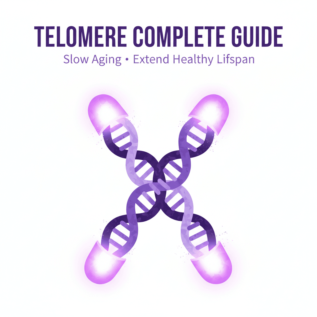 Telomere chromosome illustration showing telomere caps protecting DNA ends, purple scientific infographic