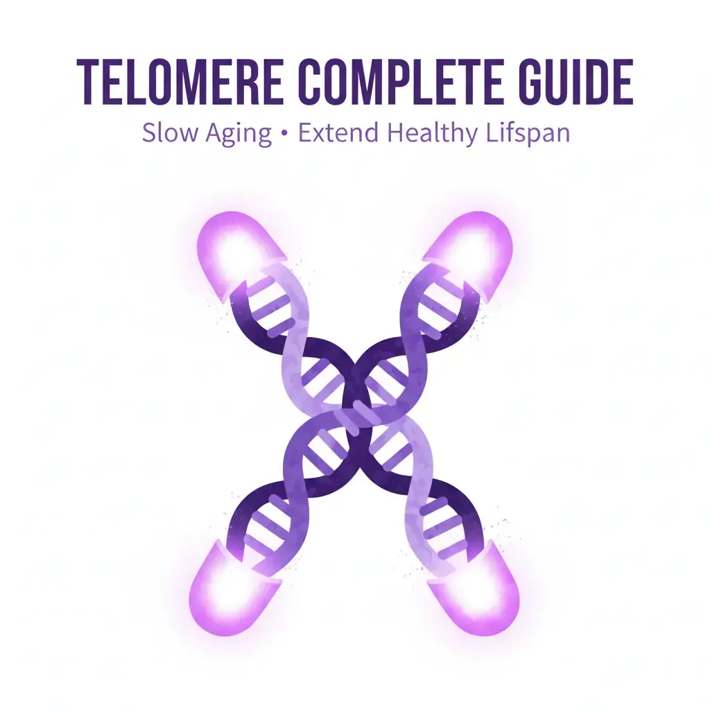Telomere chromosome illustration showing telomere caps protecting DNA ends, purple scientific infographic