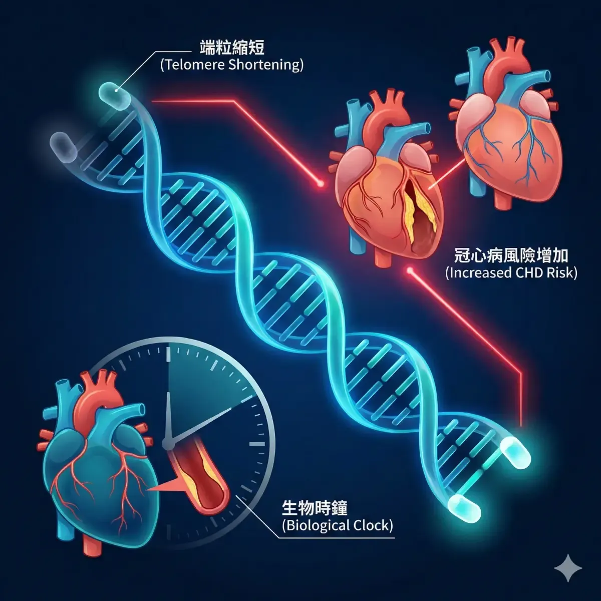 端粒縮短與冠心病風險示意圖:DNA 雙螺旋上端粒逐漸縮短,伴隨心臟病風險增加的趨勢線,底部為生物時鐘與心血管病變的關聯