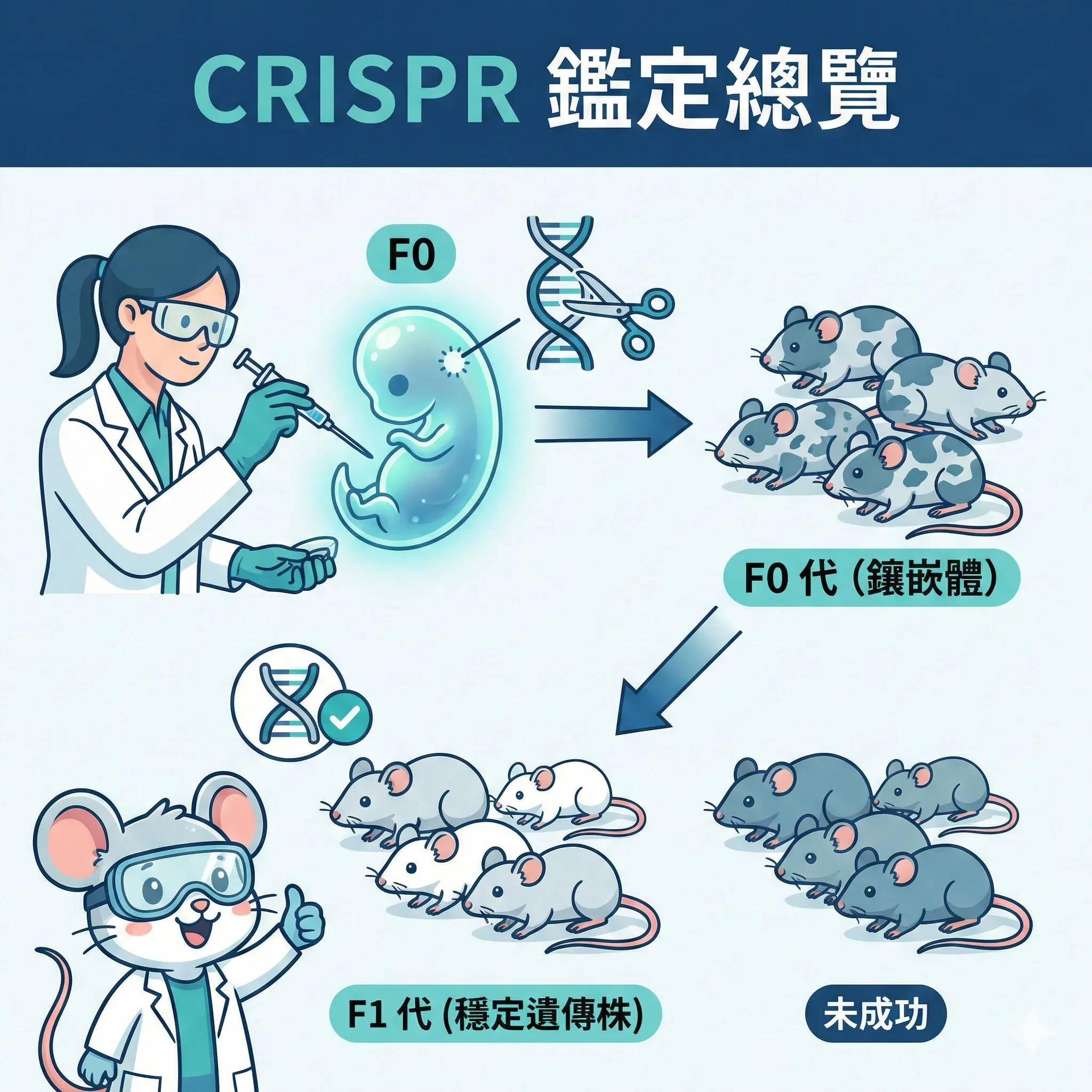 CRISPR 基因編輯鑑定總覽流程圖:從科學家對小鼠胚胎進行基因注射,經 F0 代鑲嵌體篩選,到 F1 代穩定遺傳株的建立過程