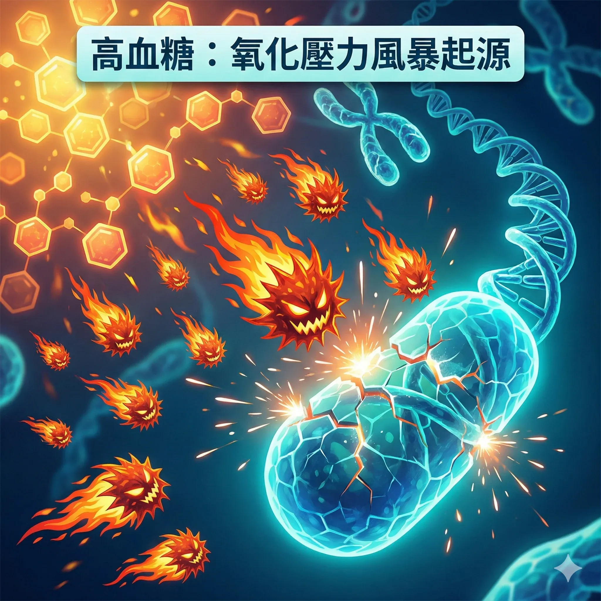 高血糖引發氧化壓力風暴示意圖:活性氧自由基如火球攻擊端粒保護層,導致染色體 DNA 受損與端粒加速縮短