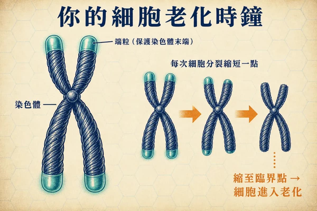 你老得多快,細胞裡藏著答案:端粒測量超過 24 種,怎麼選才對? | 前言:你的細胞老化時鐘,端粒(保護染色體末端),染色體,每次細胞分裂縮短一點