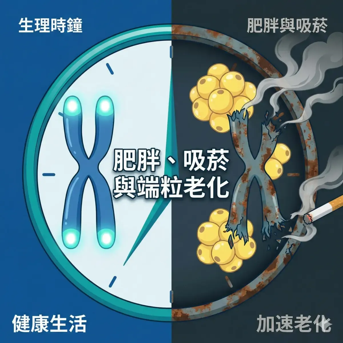 肥胖與吸菸對端粒老化的影響示意圖:左側為健康生活下完整的染色體端粒與生理時鐘,右側為肥胖與吸菸導致端粒加速損耗的對比