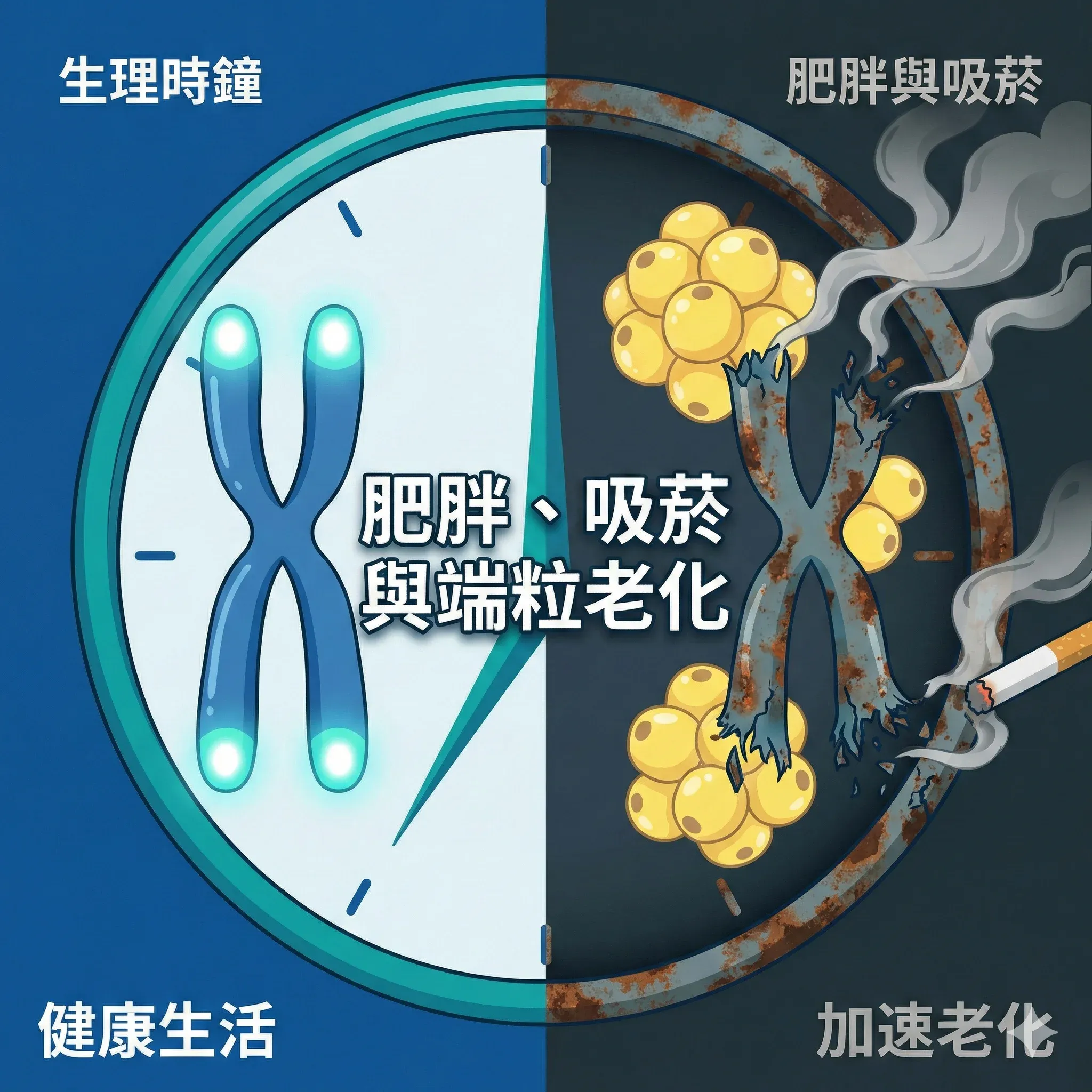 肥胖與吸菸對端粒老化的影響示意圖:左側為健康生活下完整的染色體端粒與生理時鐘,右側為肥胖與吸菸導致端粒加速損耗的對比