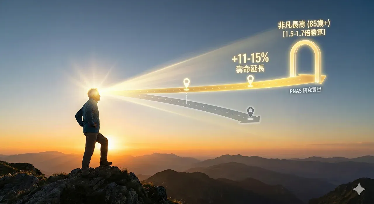 樂觀與長壽研究封面:山頂人物眺望遠方,光線投射出壽命延長 11-15% 與達成非凡長壽(85 歲以上)1.5-1.7 倍機率的數據