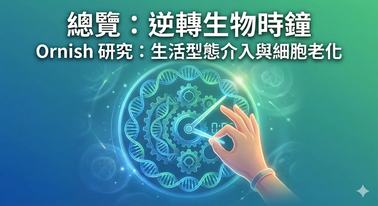 逆轉生物時鐘研究總覽:Ornish 博士的生活型態介入研究,以手指撥回時鐘齒輪象徵逆轉細胞老化