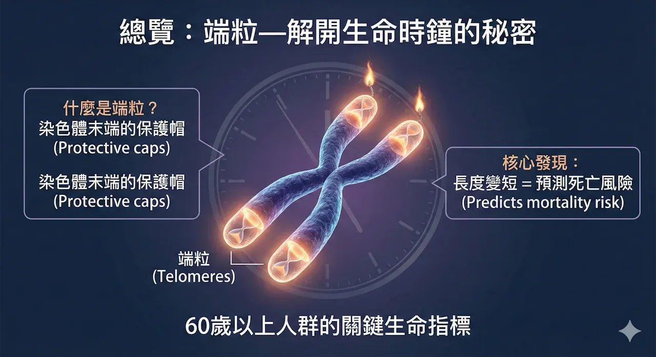 端粒與長壽研究總覽:染色體末端端粒結構示意,說明端粒作為染色體保護帽可預測死亡風險,為 60 歲以上人群的關鍵生命指標