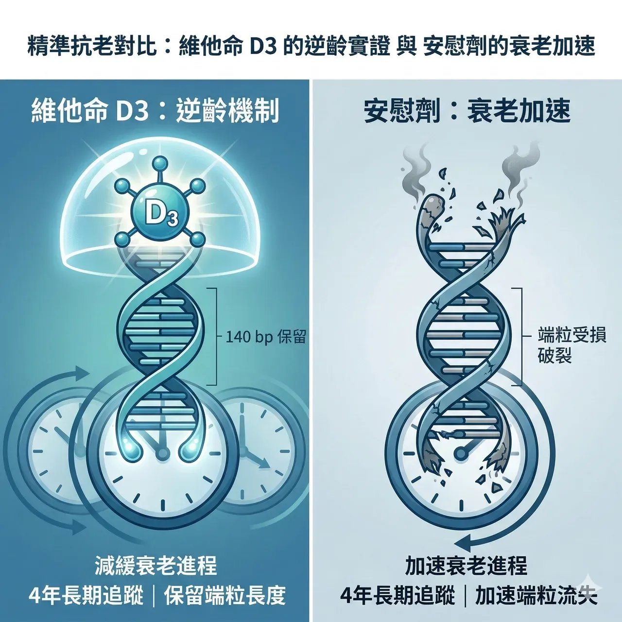 精準抗老對比:VITAL 研究揭示維生素 D3 可顯著減緩端粒縮短,安慰劑組端粒加速磨損,維生素 D3 組端粒保護效果相當於延緩約 3 年生物老化